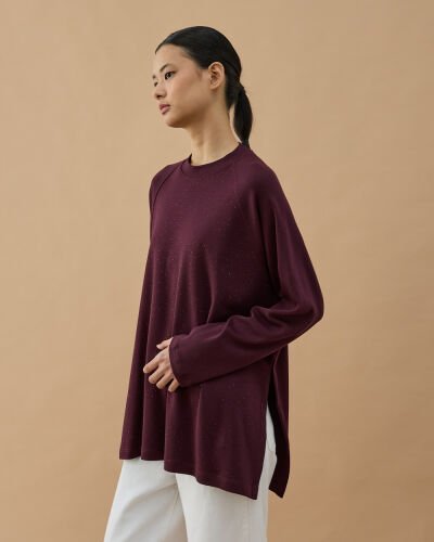 Penye İnterlok Taşlı Relax Bluz Mürdüm 