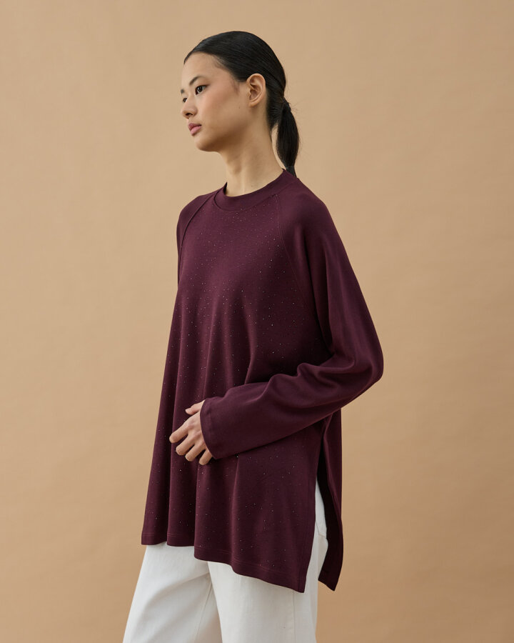 Penye İnterlok Taşlı Relax Bluz Mürdüm