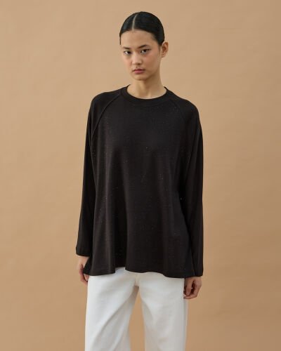 Penye İnterlok Taşlı Relax Bluz Siyah 