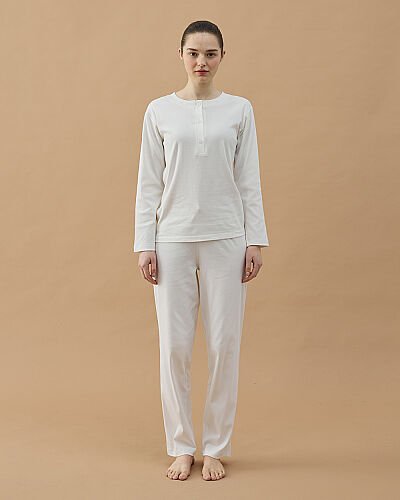 Penye Ribana Önü Patlı Pijama Takımı Ekru 