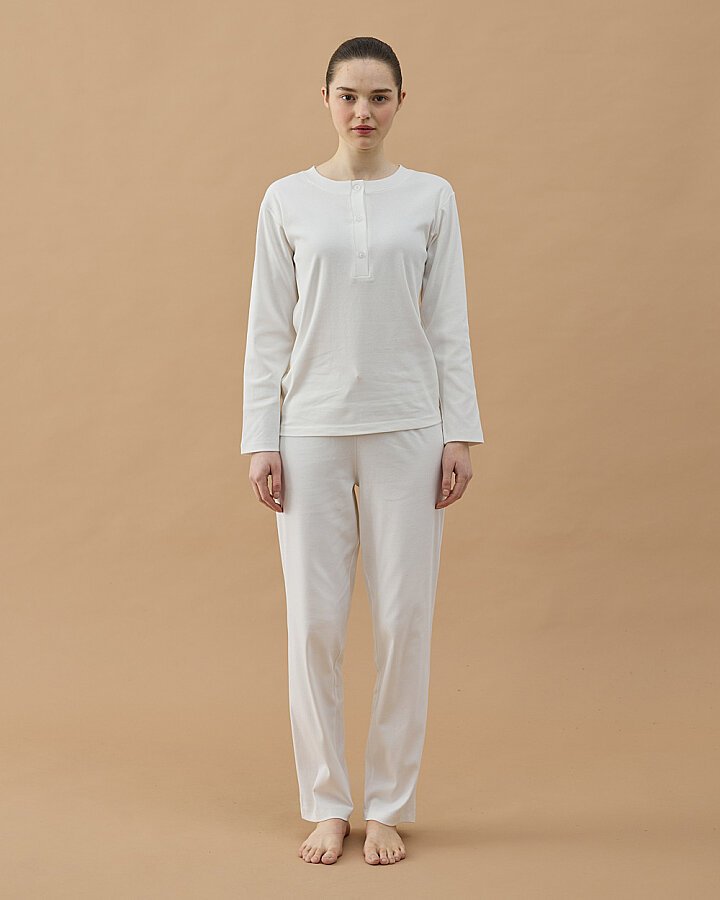 Penye Ribana Önü Patlı Pijama Takımı Ekru