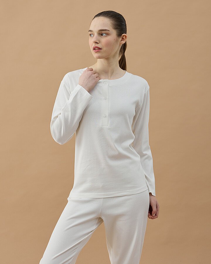 Penye Ribana Önü Patlı Pijama Takımı Ekru - Aybikestil (1)