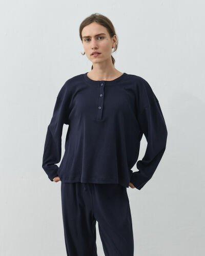 Penye Ribana Önü Patlı Pijama Takımı Lacivert - Aybikestil (1)