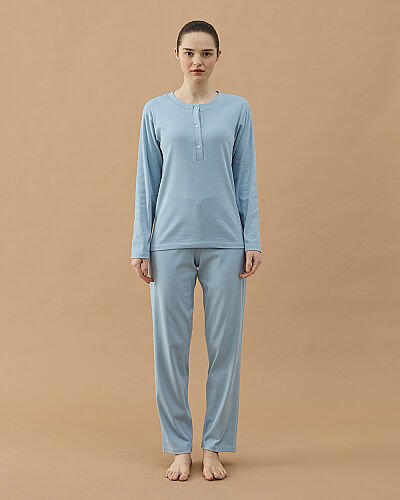 Penye Ribana Önü Patlı Pijama Takımı Mavi 