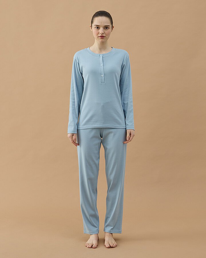 Penye Ribana Önü Patlı Pijama Takımı Mavi