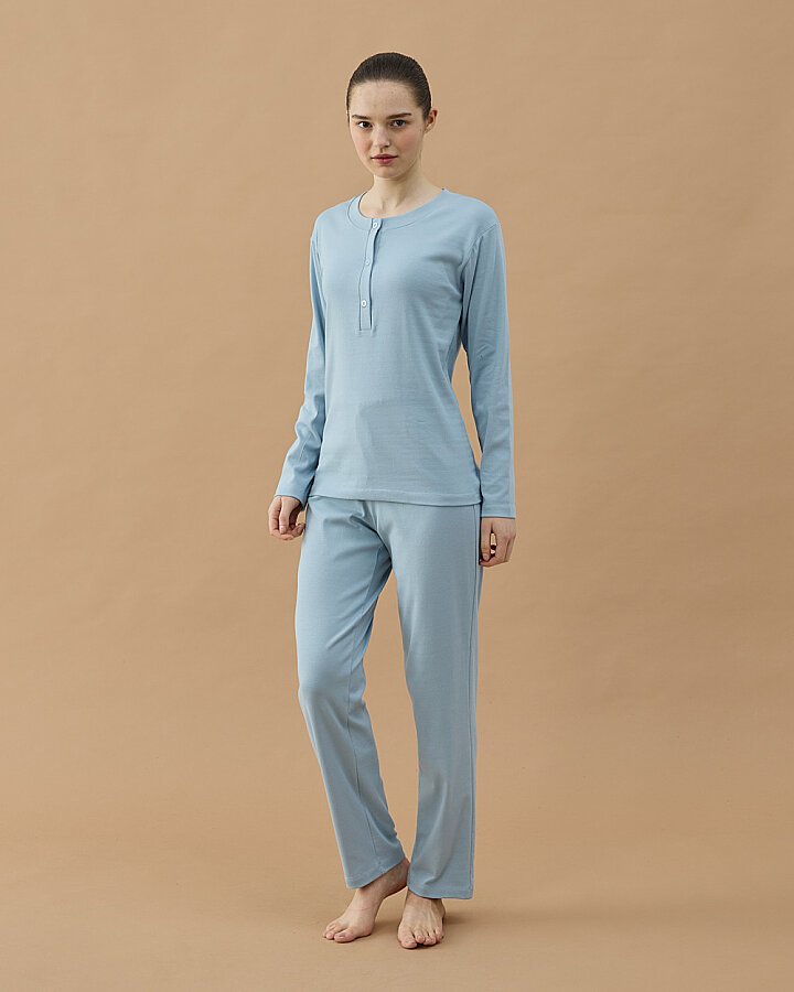 Penye Ribana Önü Patlı Pijama Takımı Mavi - Aybikestil (1)