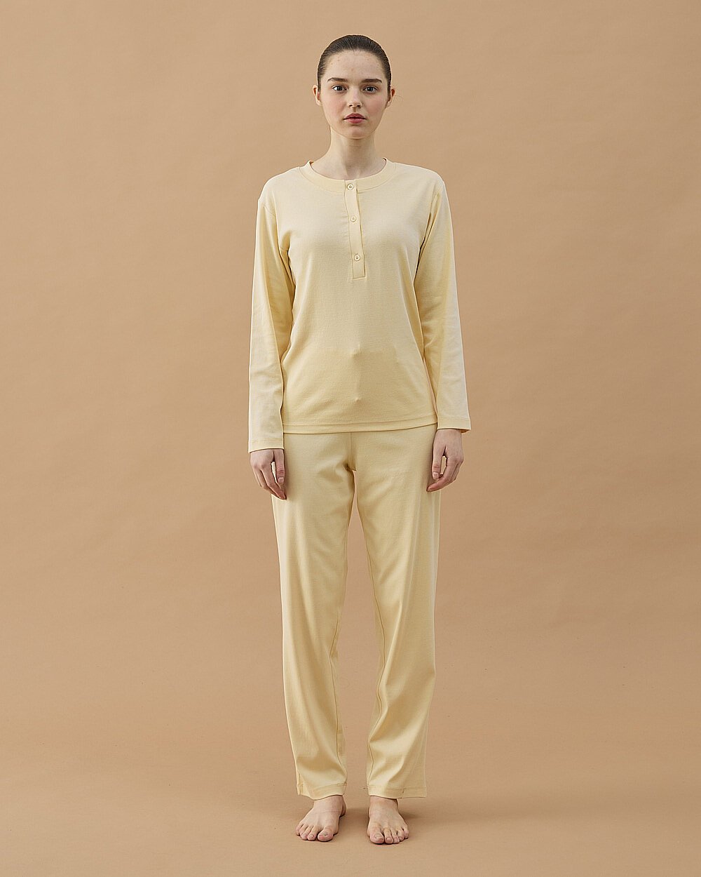 Penye Ribana Önü Patlı Pijama Takımı Sarı - Aybikestil