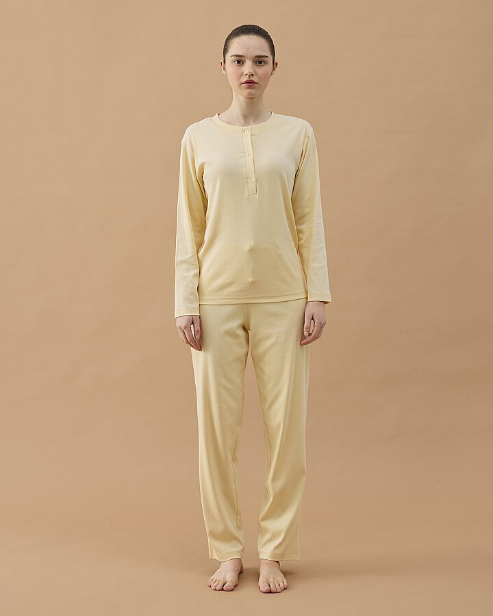 Penye Ribana Önü Patlı Pijama Takımı Sarı