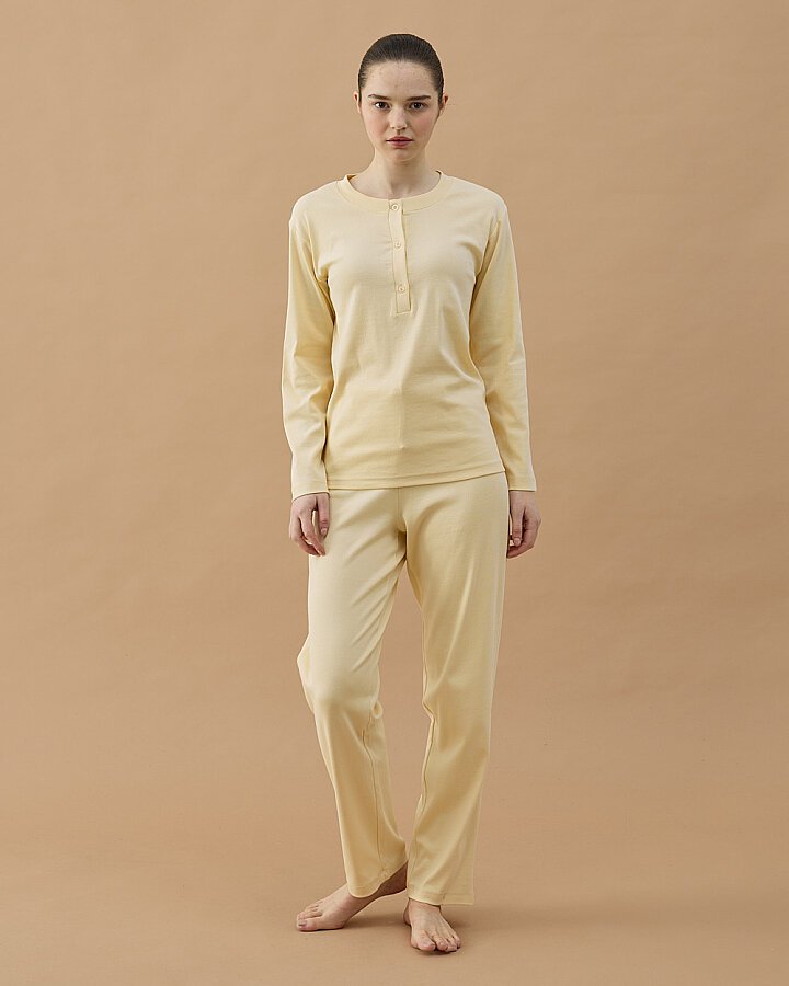 Penye Ribana Önü Patlı Pijama Takımı Sarı - Aybikestil (1)