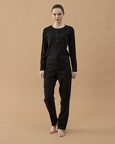 Penye Ribana Önü Patlı Pijama Takımı Siyah 