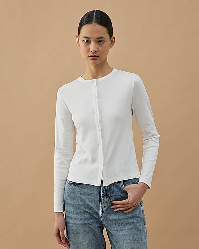 Penye Ribana Slim Fit Düğmeli Bluz Ekru 