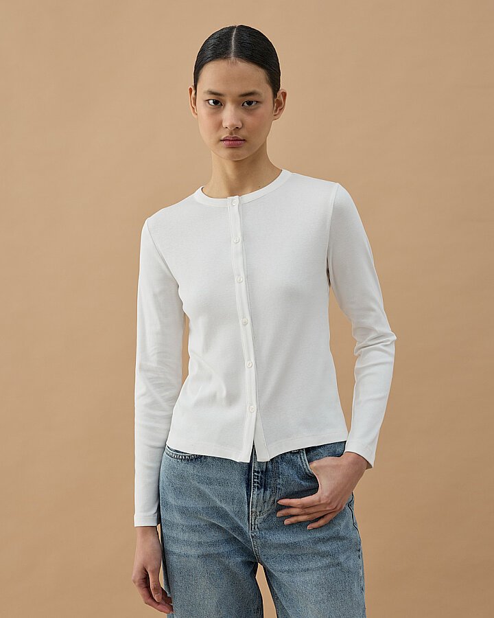 Penye Ribana Slim Fit Düğmeli Bluz Ekru