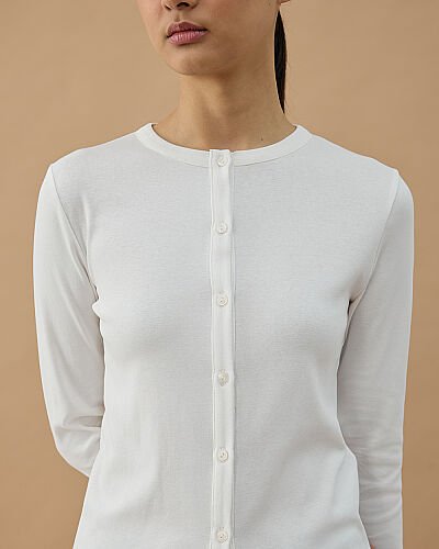 Penye Ribana Slim Fit Düğmeli Bluz Ekru - Aybikestil (1)