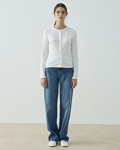Penye Ribana Slim Fit Düğmeli Bluz Ekru - Aybikestil (1)