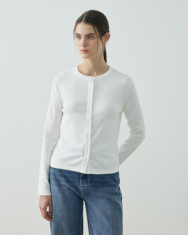 Penye Ribana Slim Fit Düğmeli Bluz Ekru - Aybikestil (1)