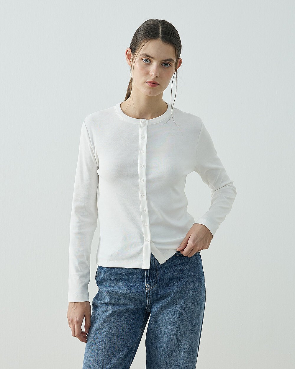 Penye Ribana Slim Fit Düğmeli Bluz Ekru - Aybikestil