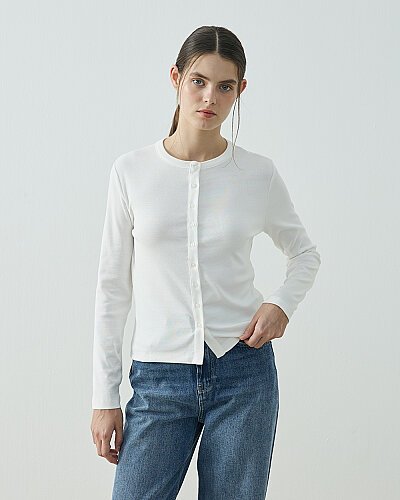 Penye Ribana Slim Fit Düğmeli Bluz Ekru 