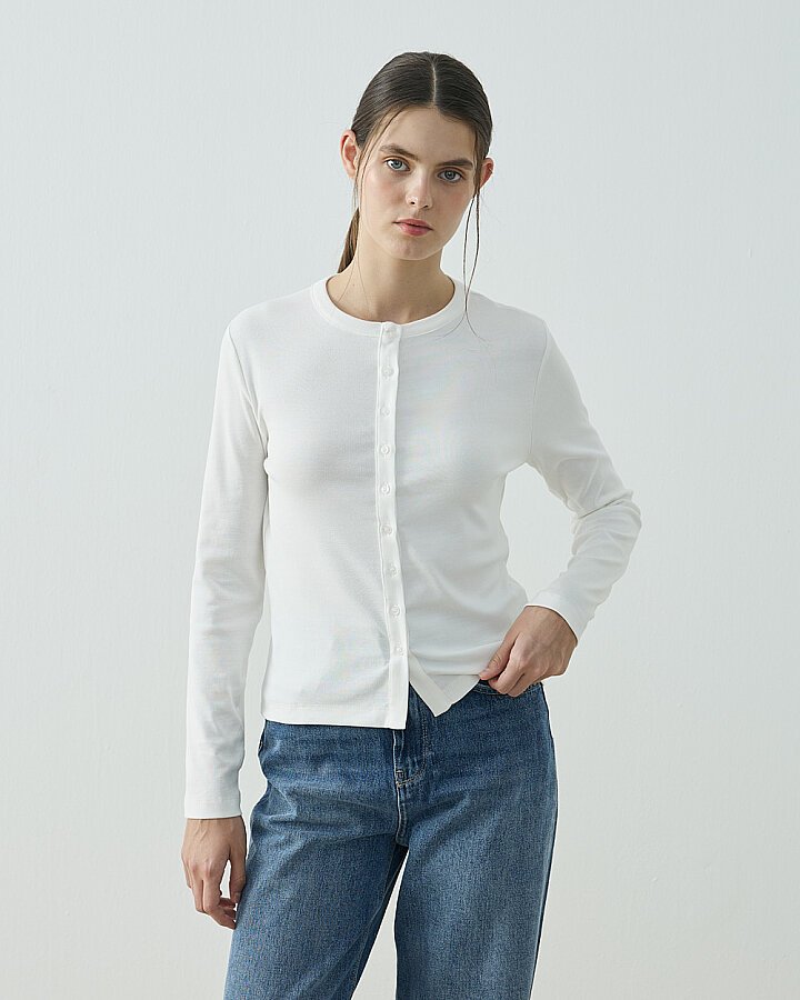 Penye Ribana Slim Fit Düğmeli Bluz Ekru - Aybikestil