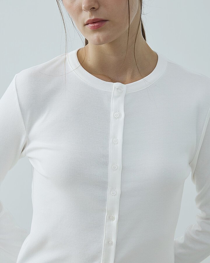 Penye Ribana Slim Fit Düğmeli Bluz Ekru - Aybikestil (1)