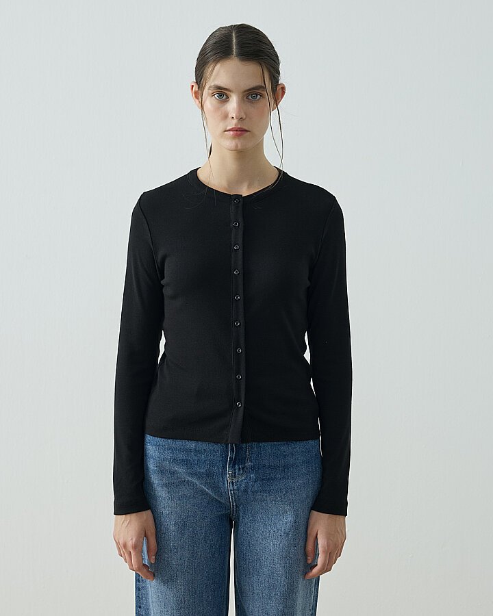 Penye Ribana Slim Fit Düğmeli Bluz Siyah