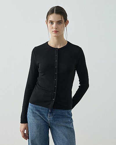 Penye Ribana Slim Fit Düğmeli Bluz Siyah - Aybikestil (1)