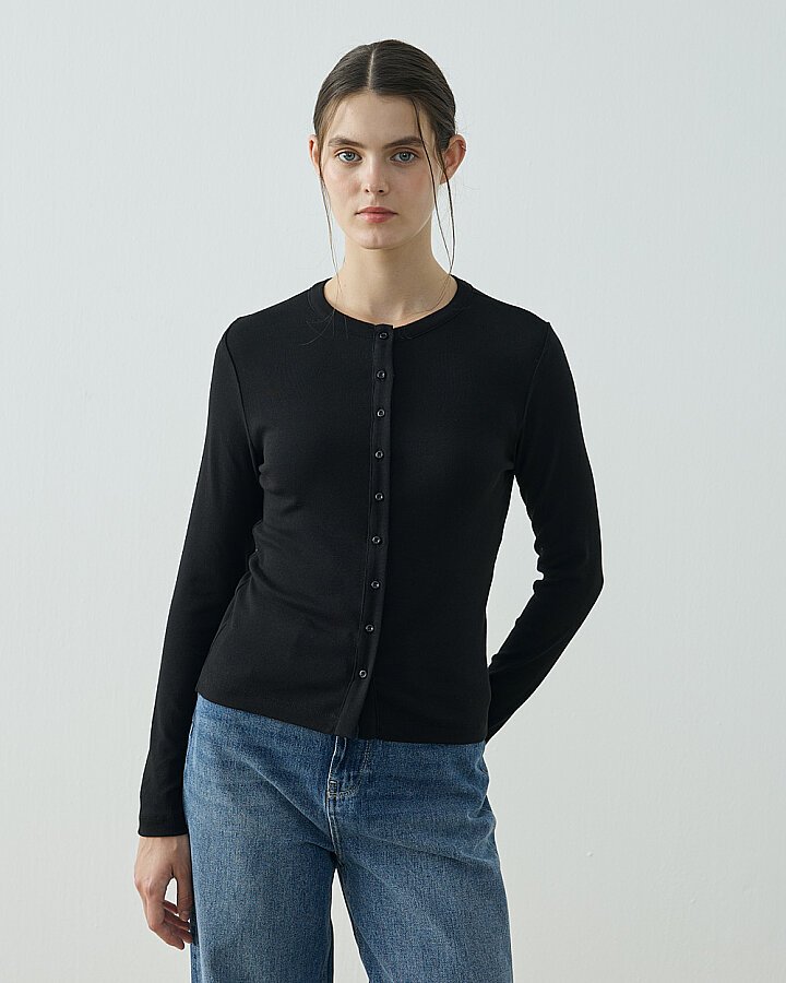 Penye Ribana Slim Fit Düğmeli Bluz Siyah - Aybikestil (1)