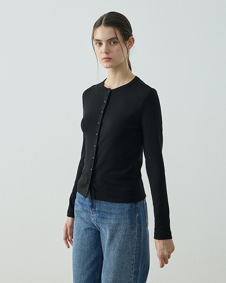 Penye Ribana Slim Fit Düğmeli Bluz Siyah - Aybikestil (1)