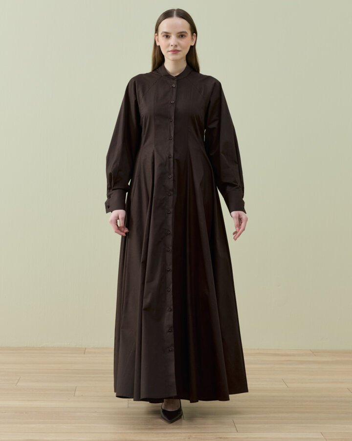 Poplin Belden Oturtmalı Düğmeli Elbise Kahve - Aybikestil (1)