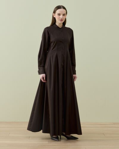 Poplin Belden Oturtmalı Düğmeli Elbise Kahve - Aybikestil