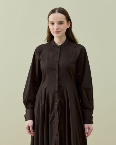 Poplin Belden Oturtmalı Düğmeli Elbise Kahve - Aybikestil (1)