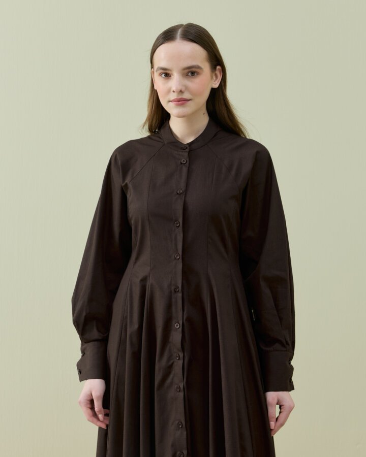 Poplin Belden Oturtmalı Düğmeli Elbise Kahve - Aybikestil (1)