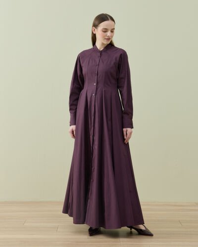 Poplin Belden Oturtmalı Düğmeli Elbise Mürdüm - Aybikestil