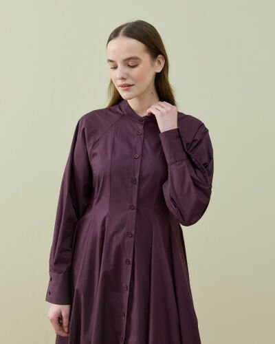 Poplin Belden Oturtmalı Düğmeli Elbise Mürdüm - Aybikestil (1)