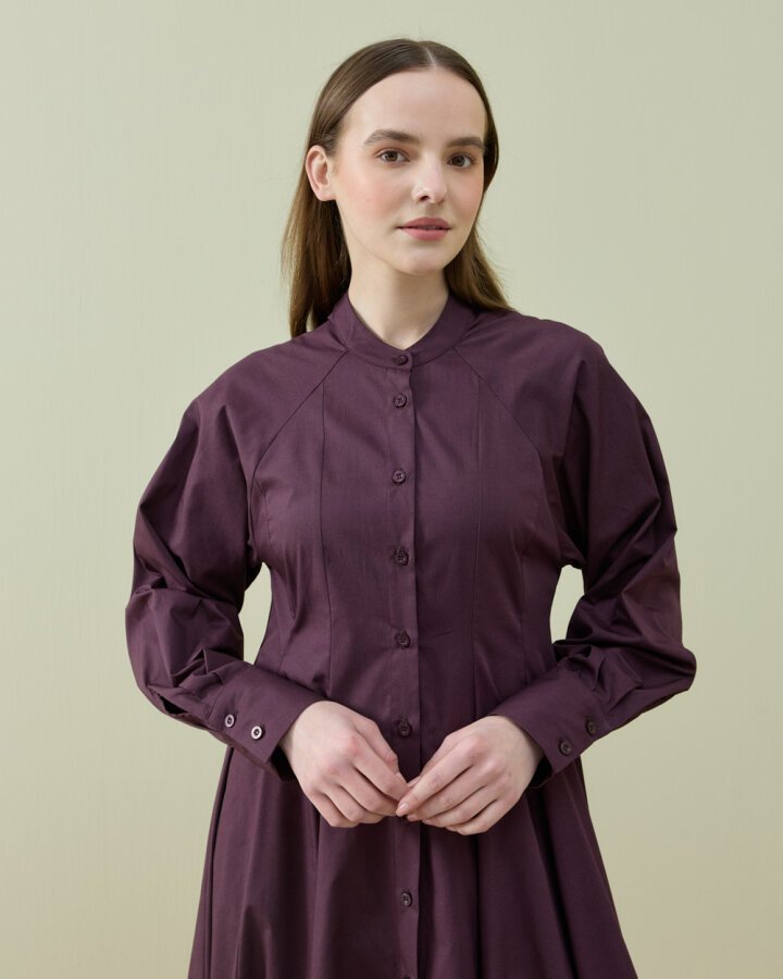 Poplin Belden Oturtmalı Düğmeli Elbise Mürdüm - Aybikestil (1)