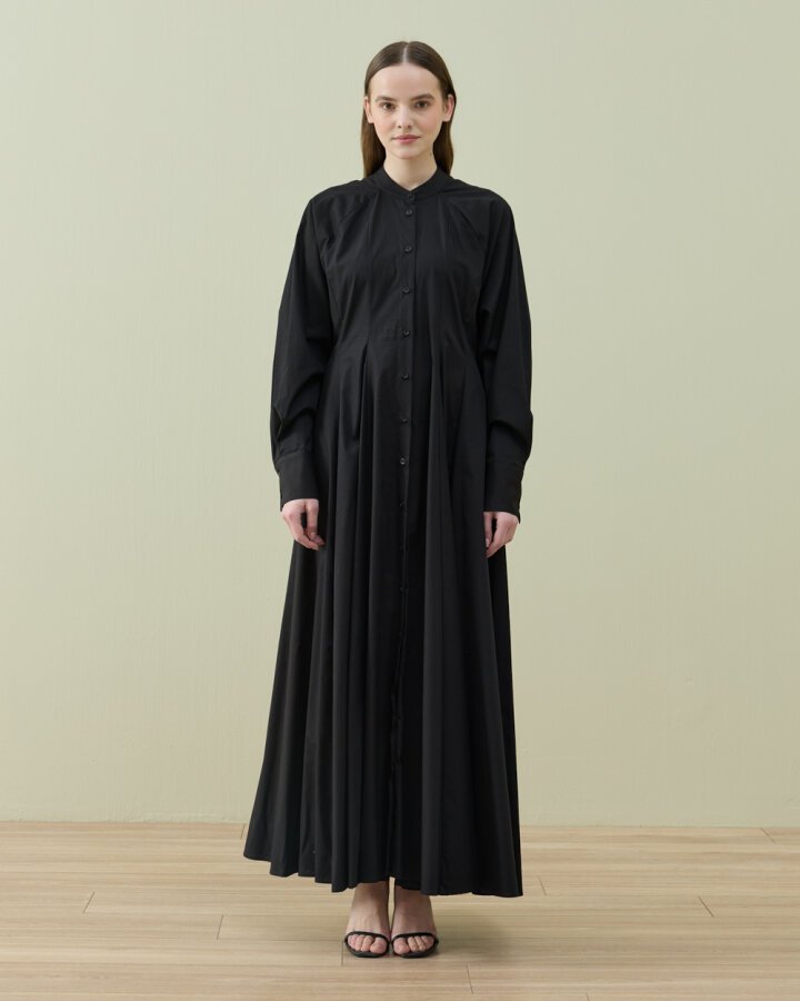 Poplin Belden Oturtmalı Düğmeli Elbise Siyah - Aybikestil (1)