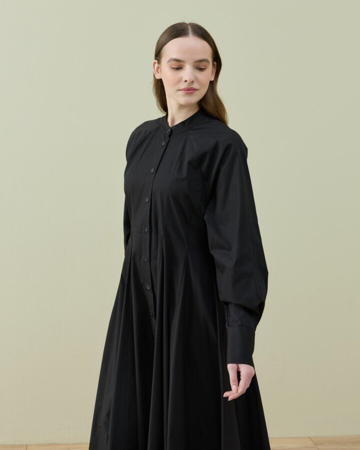 Poplin Belden Oturtmalı Düğmeli Elbise Siyah - Aybikestil (1)