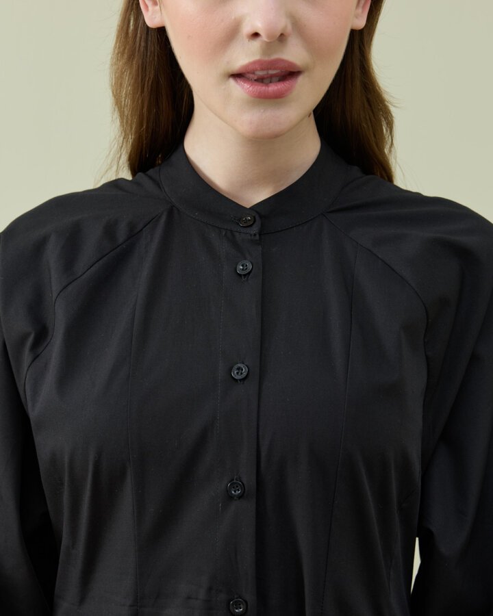 Poplin Belden Oturtmalı Düğmeli Elbise Siyah - Aybikestil (1)