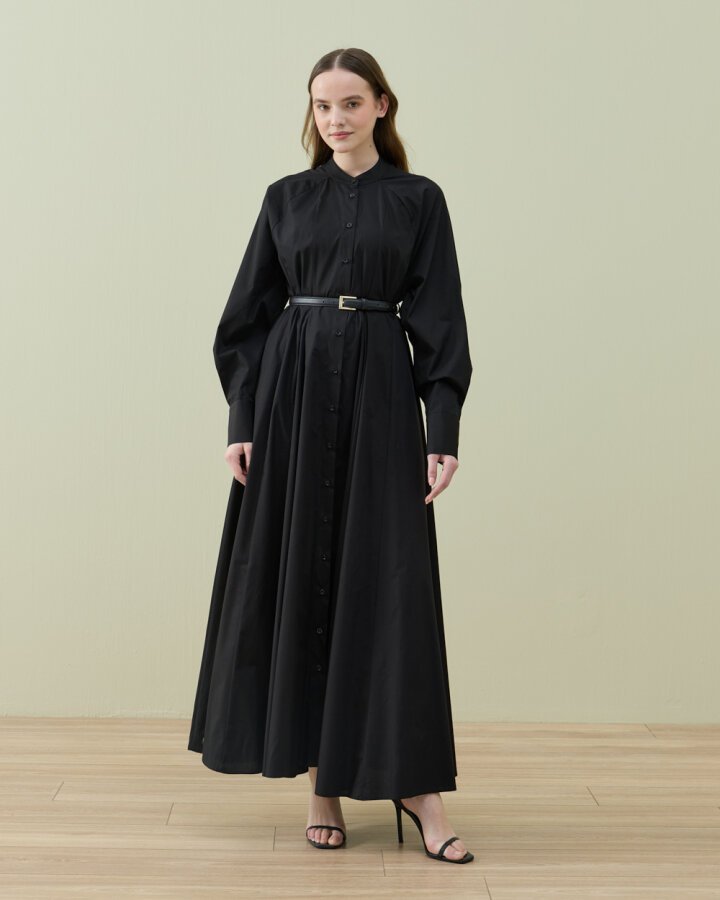 Poplin Belden Oturtmalı Düğmeli Elbise Siyah - Aybikestil