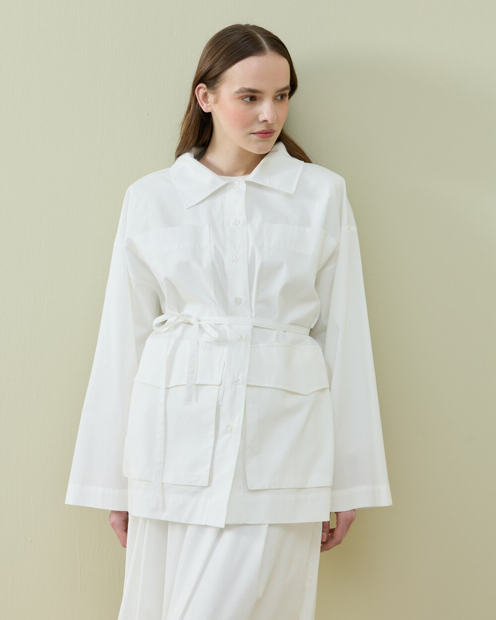 Poplin Çok Cepli Düğmeli Gömlek Ekru - Aybikestil