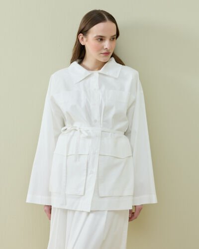 Poplin Çok Cepli Düğmeli Gömlek Ekru 