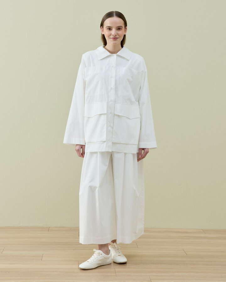 Poplin Çok Cepli Düğmeli Gömlek Ekru - Aybikestil (1)