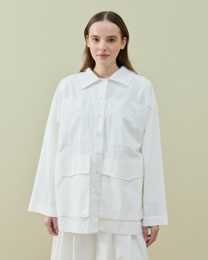 Poplin Çok Cepli Düğmeli Gömlek Ekru - Aybikestil (1)