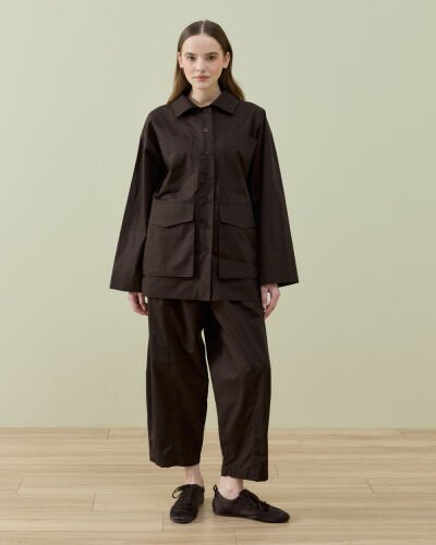 Poplin Çok Cepli Düğmeli Gömlek Kahve - Aybikestil (1)