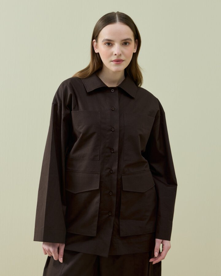 Poplin Çok Cepli Düğmeli Gömlek Kahve - Aybikestil (1)