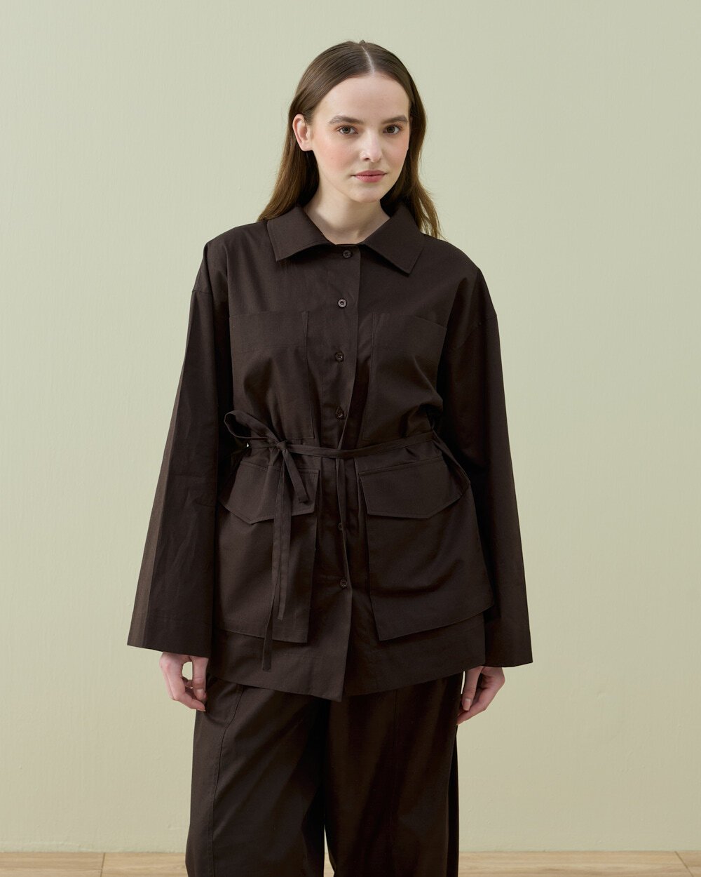 Poplin Çok Cepli Düğmeli Gömlek Kahve - Aybikestil