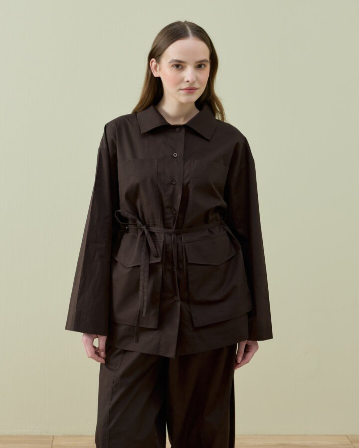 Poplin Çok Cepli Düğmeli Gömlek Kahve - Aybikestil