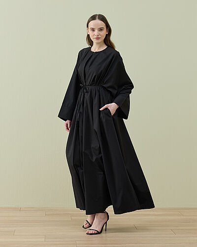 Poplin Geniş Volanlı Elbise Siyah - Aybikestil