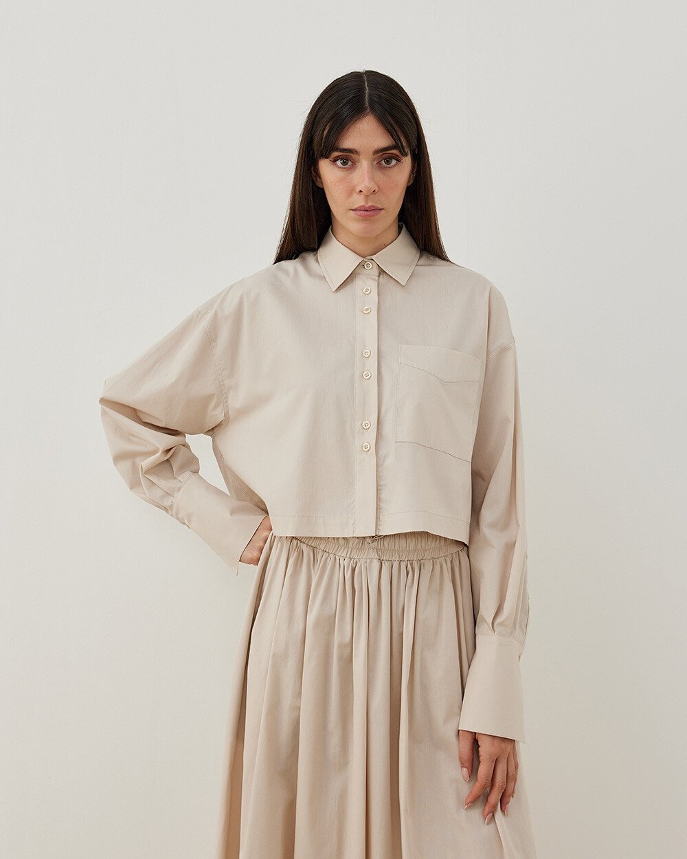 Poplin Kısa Crop Cepli Gömlek Bej - Aybikestil