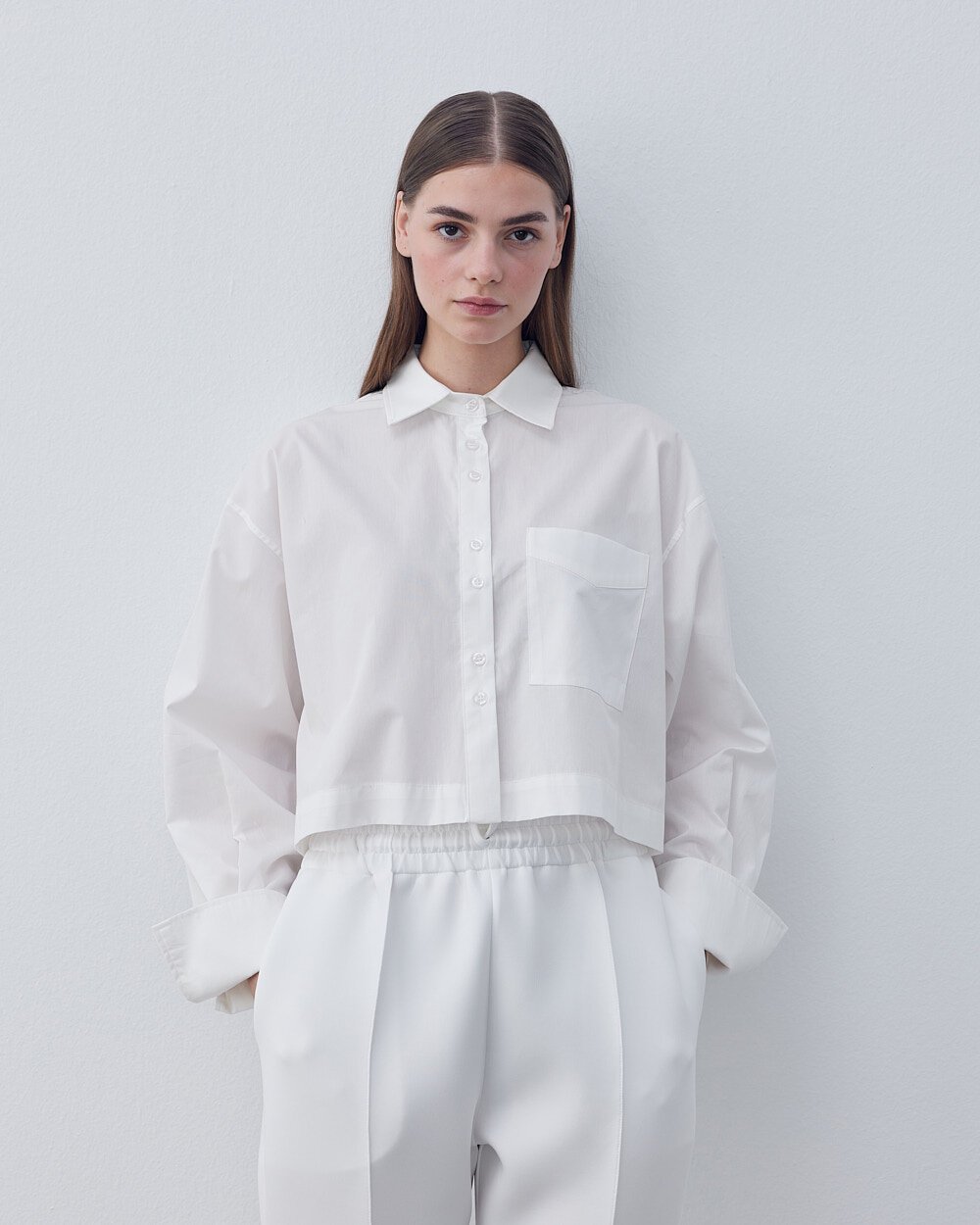 Poplin Kısa Crop Cepli Gömlek Ekru - Aybikestil
