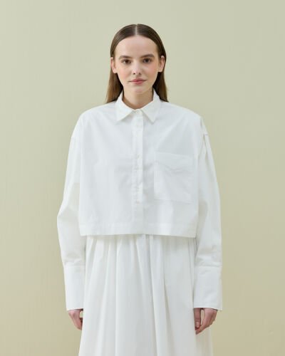 Poplin Kısa Crop Cepli Gömlek Ekru 